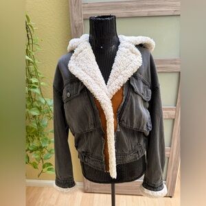 We The Free -- Free People Sherpa Hooded Cropped Denim Jacket Size M